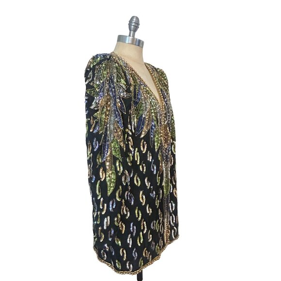 Vintage Moonlite 80s Dynasty Black Sequin Silk Beaded Jacket Open Front XL Large - Picture 2 of 8